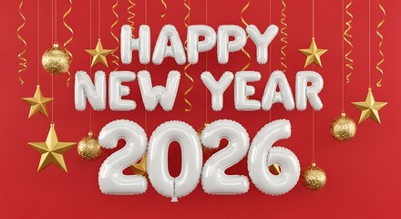 Happy new year 2026 celebration with white balloons gold stars ornaments and red streamers against a vibrant red background perfect for festive greetings and event promotions