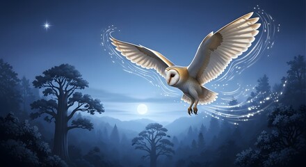 A majestic barn owl soaring through a mystical nighttime forest illuminated by a glowing full moon and sparkling light effects