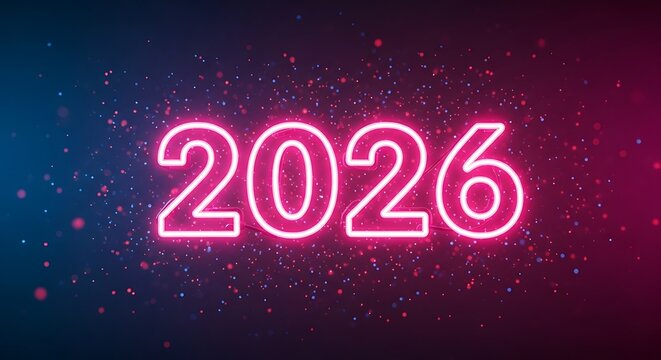 Vibrant neon glowing number 2026 in pink and blue with sparkling particles against a dark textured background representing the upcoming new year