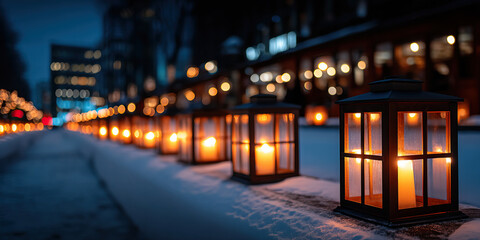 Glowing lantern candle light reflection in snow along winter street with warm bokeh evening atmosphere and cozy outdoor holiday scene