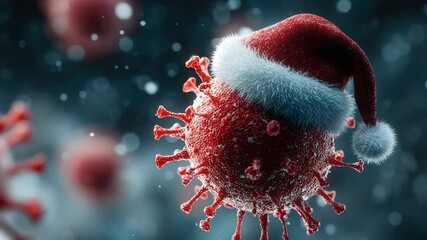 Red virus cell in Santa hat with snowflakes on white background, conceptual Christmas pandemic illustration with safety awareness message and festive winter holiday design, copy space