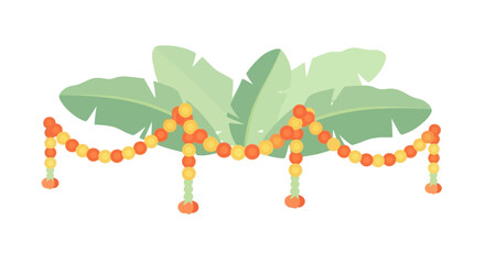 Traditional indian decoration with marigold garlands and banana leaves for festive events.