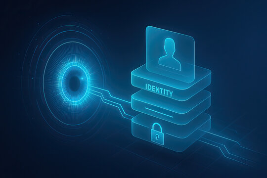 Holographic biometric authentication concept connecting iris scan to layered secure identity database, futuristic blue neon interface conveying privacy and access control protection
