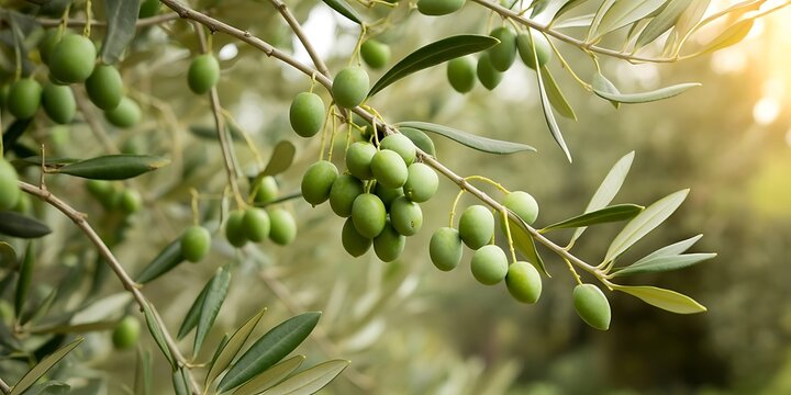 Fresh green olives hanging on a branch with leaves and sunlight olive tree