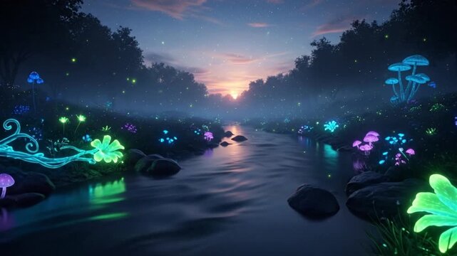 Enchanted forest landscape during evening twilight featuring a flowing stream and vibrant bioluminescent flora creating a magical nature scene