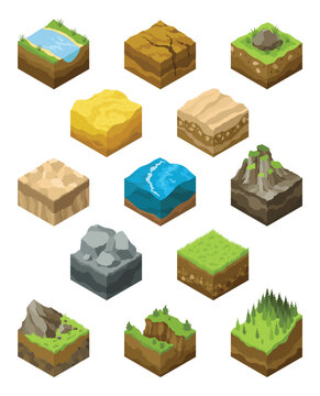 Isometric platforms set different soil textures. Set of materials for the game. Nature stone, landscape cartoon style interface, rock and water layer. Sweets and food soil layers. Vector illustration