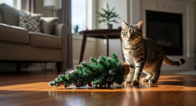 Cat with a fallen Christmas tree in a living room, concept of pet mischief and holiday season chaos for humorous greeting card - Powered by Adobe