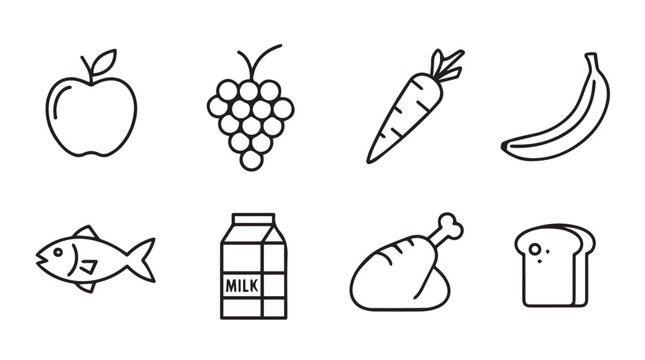 Collection of simple outline food icons in a black silhouette style including fruits vegetables and protein silhouette
