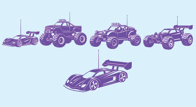 Exploring a collection of purple rc cars and monster trucks toys editable vector