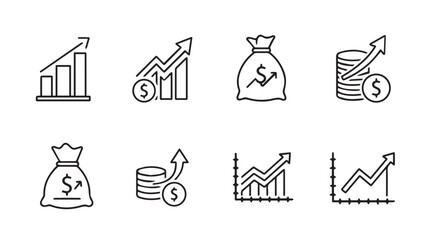 Collection of hand drawn line art icons representing financial growth and success with upward trending charts and money bags silhouette
