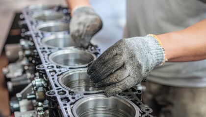 Mechanical Precision: The focused hands of a skilled mechanic meticulously inspect the internal components of a powerful engine block, each movement reflecting a commitment to flawless performance.