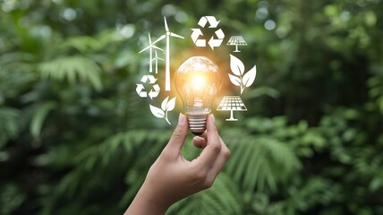 Hand holding a glowing lightbulb with renewable energy and environmental icons symbolizing green technology and sustainability against a lush green forest background