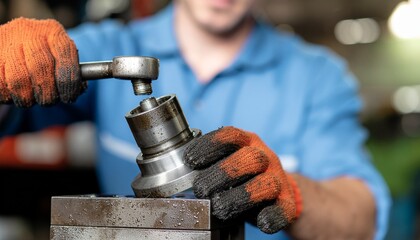 Precision and Assembly: A skilled worker meticulously assembles a mechanical component, employing tools and expertise to bring machinery to life. 
