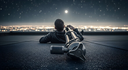 Young Astronomer Stargazing with a Telescope on a Rooftop Overlooking a Vibrant City at Night Beneath a Starry Sky