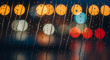 Raindrops on Window Creating Soft Bokeh Effect with Colorful City Lights in the Background at Night