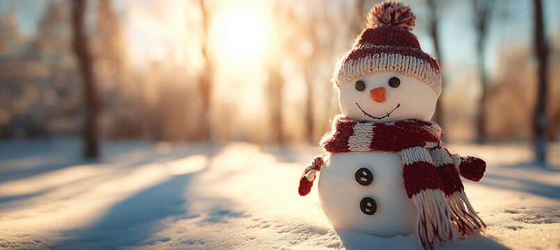 A cheerful snowman wearing a red knit hat and scarf stands in glowing winter sunlight, casting soft shadows across the snowy landscape with warm golden bokeh in the background.
