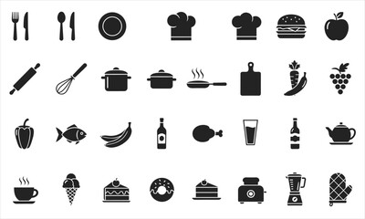 Set of black food and cooking icons, including kitchen utensils, chef hats, meals, fruits, vegetables, drinks, desserts, and cookware. Perfect for restaurant menus, cooking blogs, food delivery apps