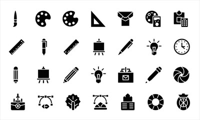 Set of black vector icons for creativity, design, and illustration. Includes pencils, brushes, palettes, easels, lightbulbs, rulers, and graphic tools. Perfect for artists, designers