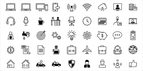 Set of minimal black line icons related to remote work, online learning, office tools, and communication. Includes symbols of laptop, computer, calendar, desk, light bulb, gear, piggy bank, briefcase,