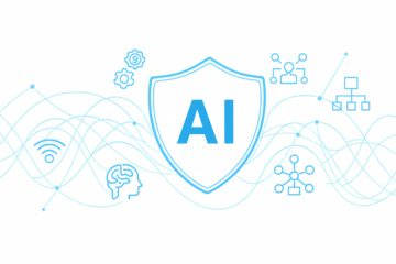 Light blue AI shield illustration surrounded by digital network elements