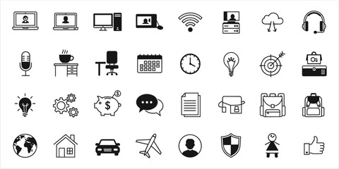 Set of minimal black line icons related to remote work, online learning, office tools, and communication. Includes symbols of laptop, computer, calendar, desk, light bulb, gear, piggy bank, briefcase,