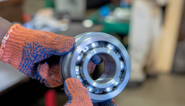 Engineering Precision: A close-up view of a skilled worker's hands, meticulously inspecting a ball bearing, showcasing the intricate details and the precision required in mechanical engineering.