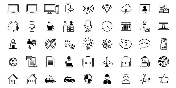 Set of minimal black line icons related to remote work, online learning, office tools, and communication. Includes symbols of laptop, computer, calendar, desk, light bulb, gear, piggy bank, briefcase,