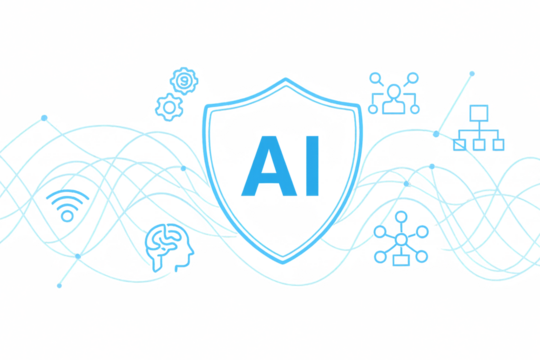 Light blue AI shield illustration surrounded by digital network elements