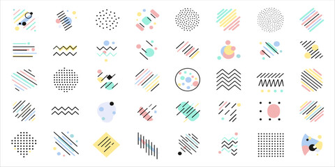 Stylish abstract memphis pattern collection with pastel geometric shapes, lines, dots, zigzags, and textures. These playful and colorful backgrounds in modern retro style are perfect for trendy design