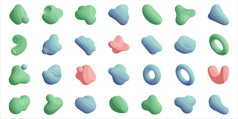 Collection of soft 3D abstract organic shapes in fluid, modern style. Colorful blobs with smooth gradients in green, blue, and pink tones create a minimal yet futuristic design. Ideal for backgrounds,