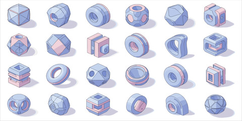 Isometric 3D abstract shapes set in soft pastel colors. Includes geometric forms like spheres, cubes, torus, and polyhedrons. Perfect for modern design, UI/UX, technology concept visuals, and digital 