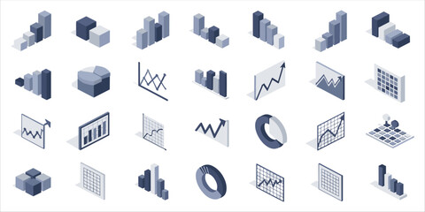 Isometric vector set of business and finance analytics icons. Includes bar chart, pie chart, line chart, and data graph elements for marketing, planning, strategy, performance, and report visualizatio