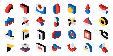 Colorful abstract 3D shapes in isometric vector style with bold red, blue, and yellow geometric forms. This modern design set features dynamic structure, minimal layout, and creative composition 