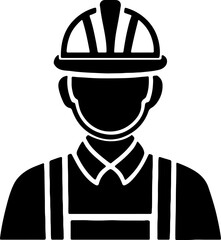 Black and white silhouette icon of a construction worker or engineer wearing a hard hat.