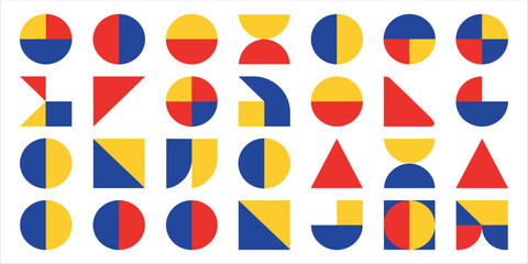 Modern abstract vector set with colorful geometric shapes including circle, square, and triangle in red, yellow, and blue. This flat design collection features minimal forms and clean layout, ideal fo