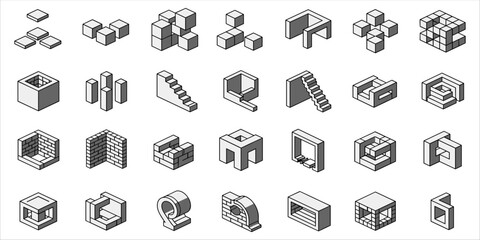 Isometric vector set featuring abstract architectural shapes, 3D cubes, stairs, and impossible structures. This modern design collection presents minimal composition with construction elements, 