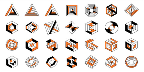 Set of abstract vector compositions featuring 3D impossible shapes, cubes, hexagons, and triangles in modern isometric design. This graphic collection explores geometric illusion, visual form, and opt