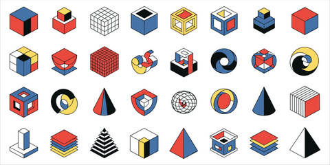 Colorful abstract set of 3D geometric shapes in isometric vector style. This modern design collection features cube, pyramid, cone, and grid forms with dynamic structure and clean layout. 