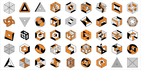Modern abstract set of optical illusion shapes and impossible geometry in 3D isometric style. This vector design features creative construction of cube, triangle, hexagon, and geometric form elements 