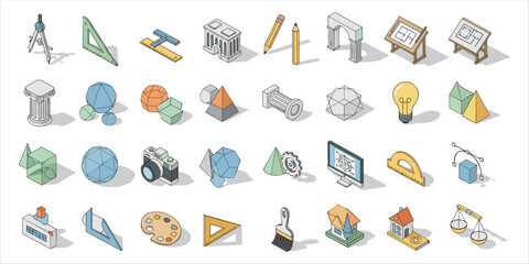 Isometric icon set featuring architecture, engineering, and design tools including compass, ruler, pencil, and scale. Each 3D element represents a concept of construction, geometry, education, and cre