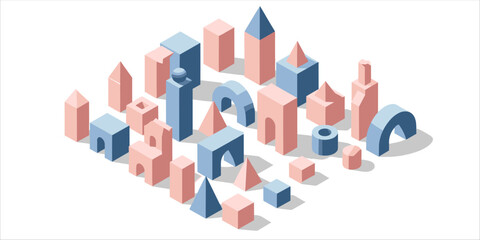 Isometric city illustration with abstract geometric architecture and 3D building structures in modern pink and blue colors. This urban design features clean layout and minimal composition with cubes, 