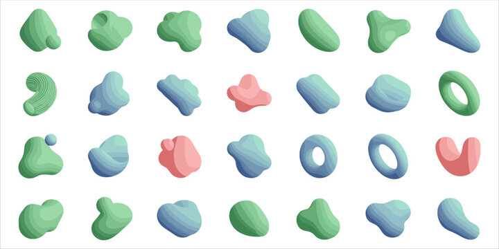 Collection of soft 3D abstract organic shapes in fluid, modern style. Colorful blobs with smooth gradients in green, blue, and pink tones create a minimal yet futuristic design. Ideal for backgrounds,