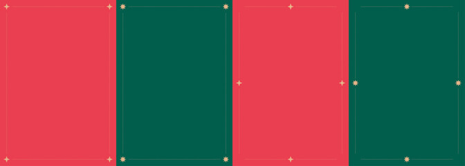 Fototapeta na wymiar Vintage Christmas frames set. Red and green holiday borders with golden stars and ribbon. Rectangle elegant Christmas frames with empty textbox. Minimalist invitation background. Vector illustration.