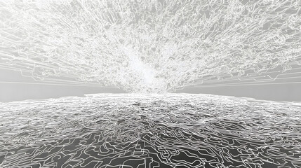 Abstract white explosion of neural network lines in minimal space