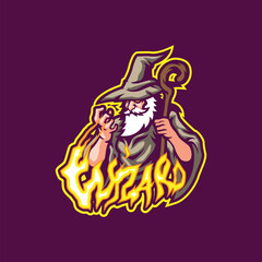 Wizard mascot logo design vector. Wizard illustration with fire in hand.