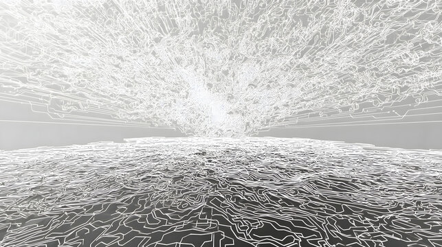 Abstract white explosion of neural network lines in minimal space