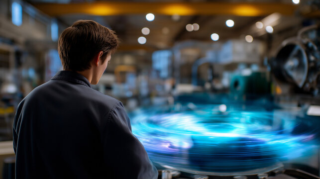 Back view of a technician observing a large holographic pressure map, surrounding machinery in soft bokeh, with copy space