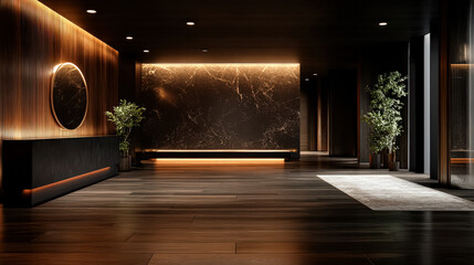 Modern classic black interior with wooden floor and elegant lighting for festive celebrations