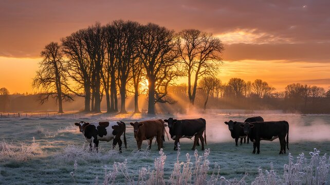 Majestic herd of cattle grazing in a frosty field at sunrise with golden light filtering through bare trees