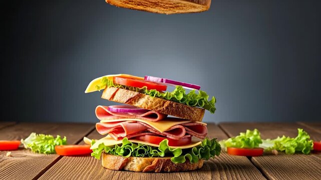 A delicious, freshly made sandwich with ham, cheese, lettuce, tomato, and onion being assembled on a rustic wooden table.
